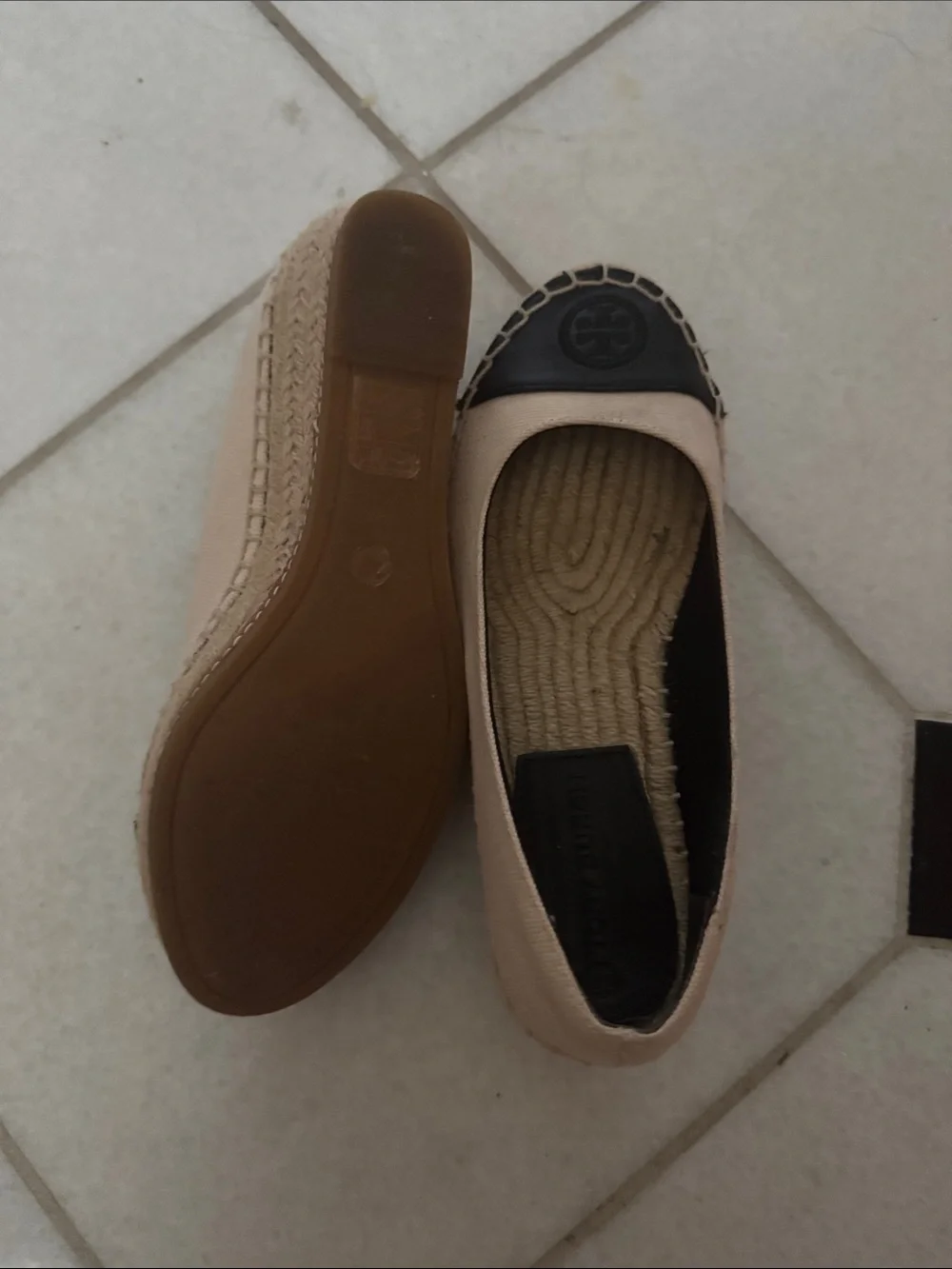 Tory Burch Beige Espadrille Flats with Black Cap Toe